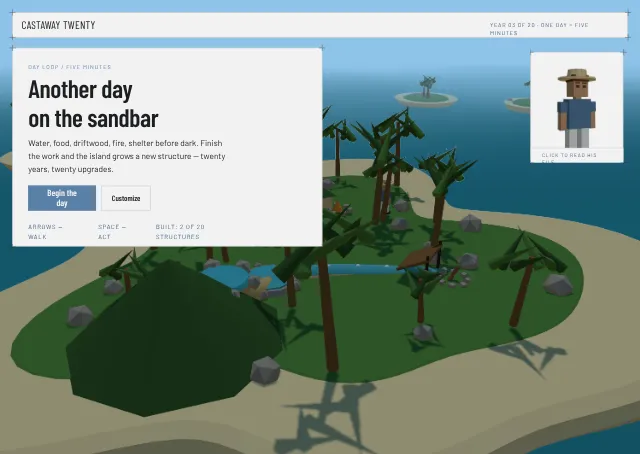 Castaway Twenty — a blueprint-styled island survival screen